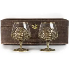 Набор бокалов для коньяка "Нефтяник" на 2 персоны, в кожаном футляре