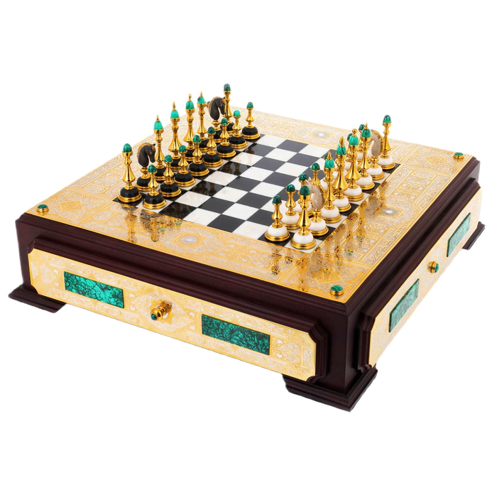 Chess made of white marble, dolerite and malachite "Royal" Zlatoust