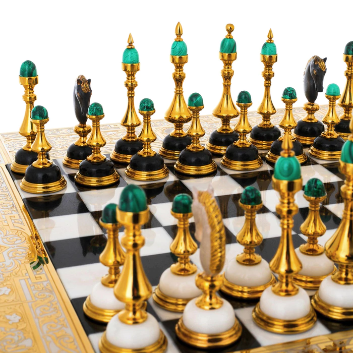 Chess made of white marble, dolerite and malachite "Royal" Zlatoust