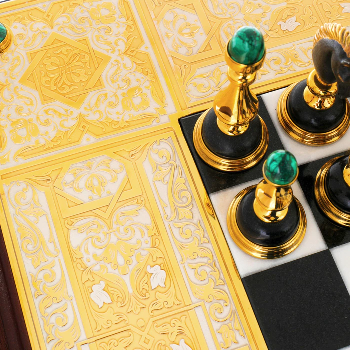Chess made of white marble, dolerite and malachite "Royal" Zlatoust