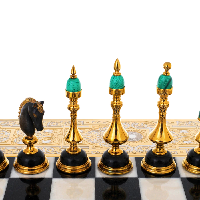 Chess made of white marble, dolerite and malachite "Royal" Zlatoust