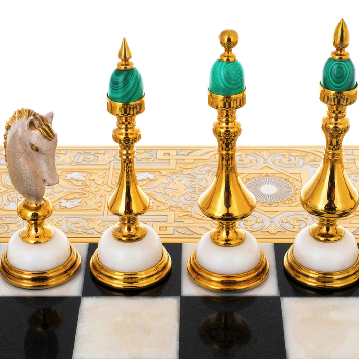 Chess made of white marble, dolerite and malachite "Royal" Zlatoust