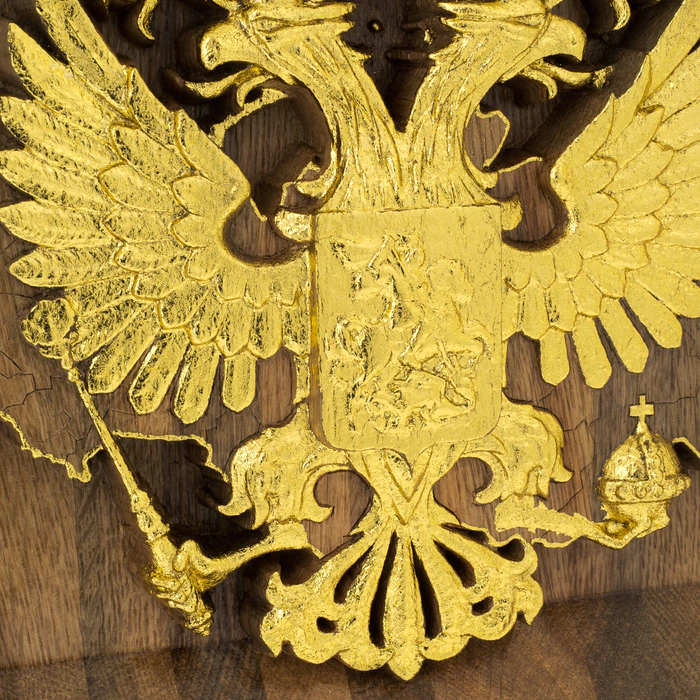 Stained oak panel "Map of the Russian Federation with the Coat of Arms of Russia" with gilding