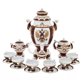 Самовар фарфоровый "Гербовый" бордовый, на 6 персон, 15 предметов, в подарочной коробке