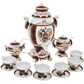 Самовар фарфоровый "Гербовый" бордовый, на 6 персон, 15 предметов, в подарочной коробке