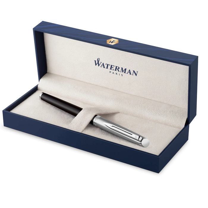 Ручка-роллер Waterman Hemisphere Entry Point Stainless Steel with Black Lacquer в подарочной упаковке.