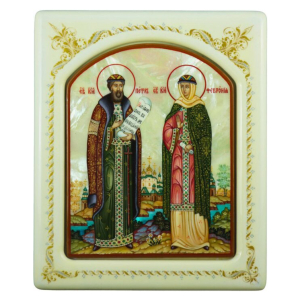 Mother-of-pearl icon "Peter and Fevronia" in a white frame with an ornament