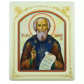 Икона с перламутром "Сергий Радонежский" в белой раме с орнаментом