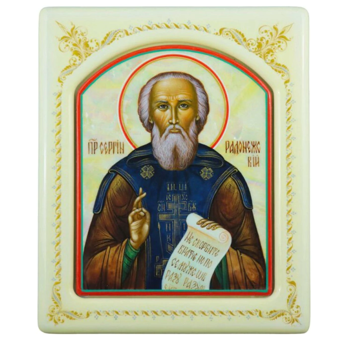 Mother-of-pearl icon "Sergius of Radonezh" in a white frame with an ornament