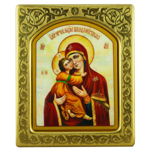 Mother-of-pearl icon "Our Lady of Vladimir" in a gold frame with embossing