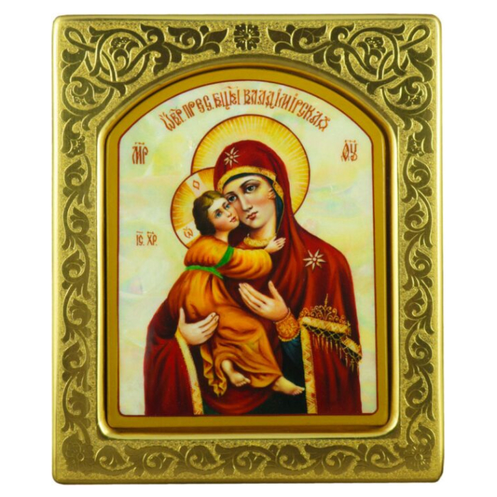 Mother-of-pearl icon "Our Lady of Vladimir" in a gold frame with embossing
