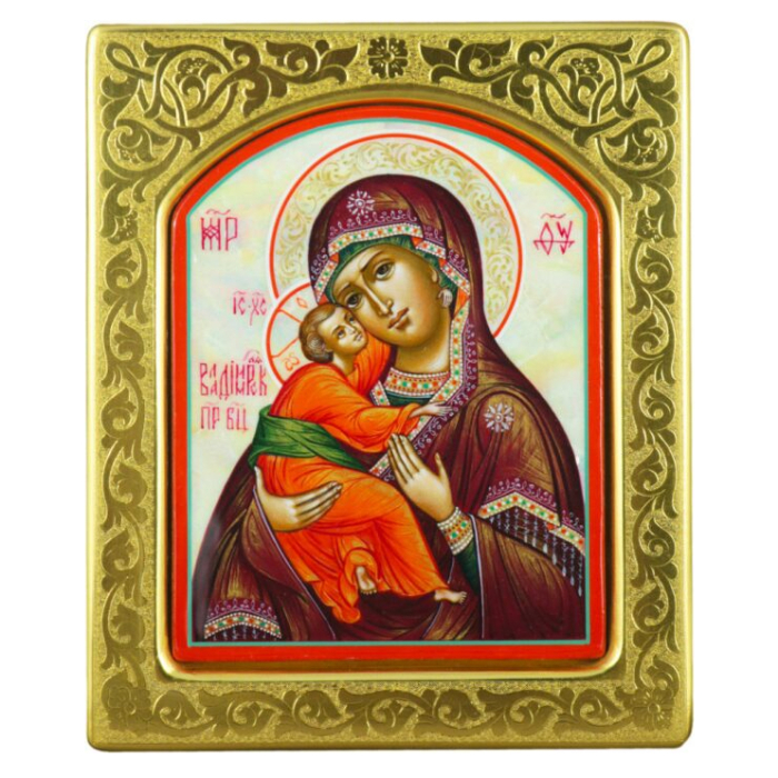 Mother-of-pearl icon "Our Lady of Vladimir" in a gold frame with embossing