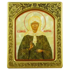 Икона с перламутром "Матрона Московская" в золотой раме с чеканкой