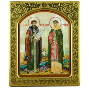 Mother-of-pearl icon "Peter and Fevronia" in a gold frame with embossing