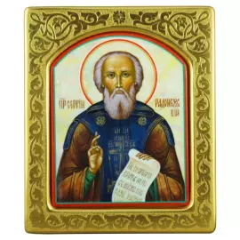 Икона с перламутром "Сергий Радонежский" в золотой раме с чеканкой