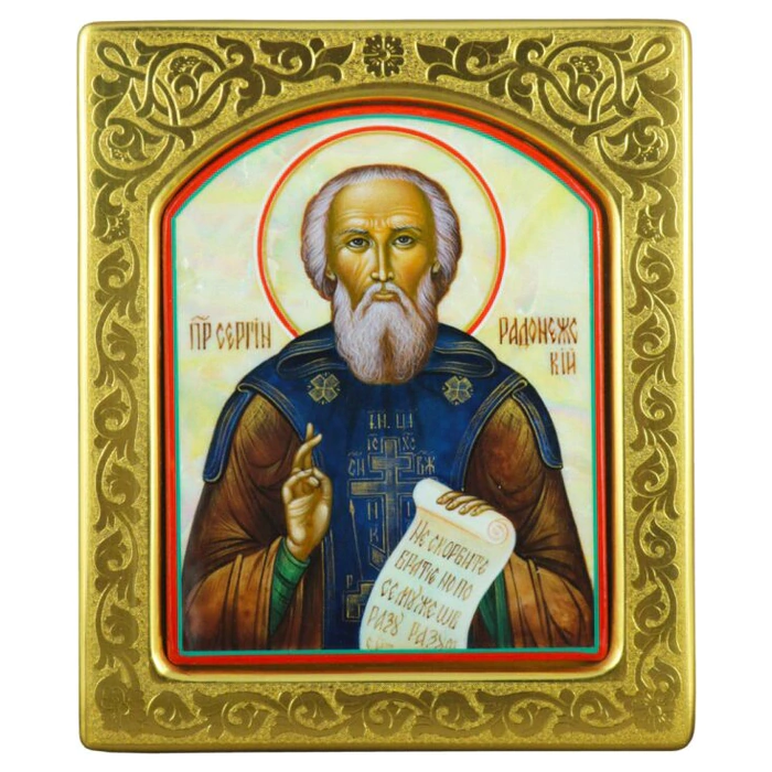 Mother-of-pearl icon "Sergius of Radonezh" in a gold frame with embossing