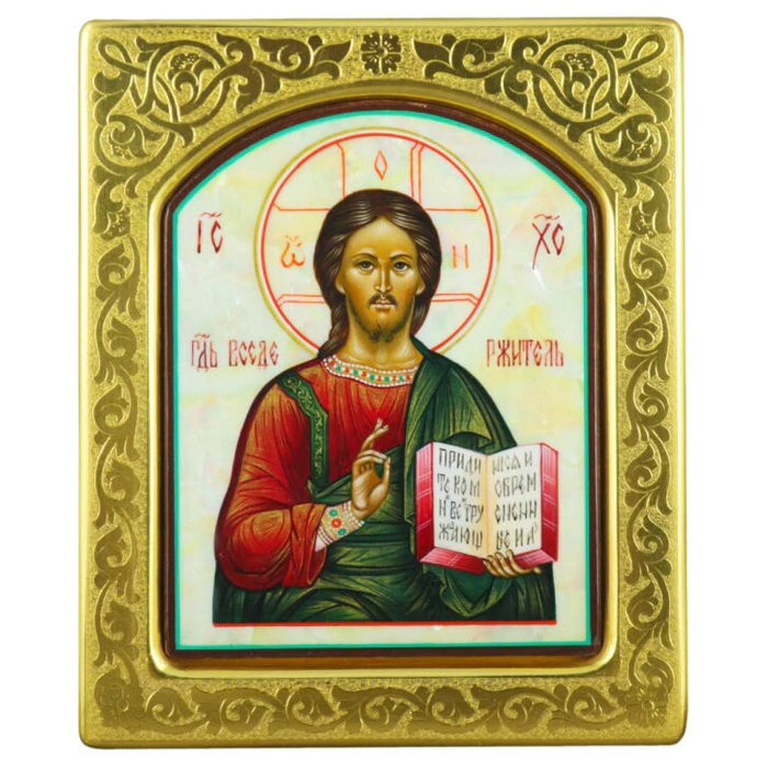 Icon with mother-of-pearl "Savior" in a gold frame with embossing