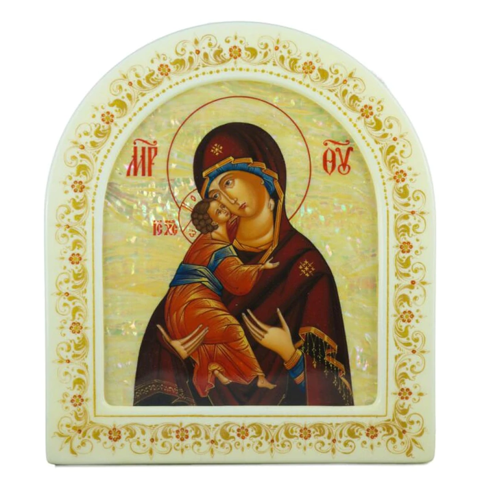 Mother-of-pearl icon "Our Lady of Vladimir" in a white frame (arch)