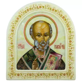 Икона с перламутром "Николай Чудотворец" в белой раме (арка)