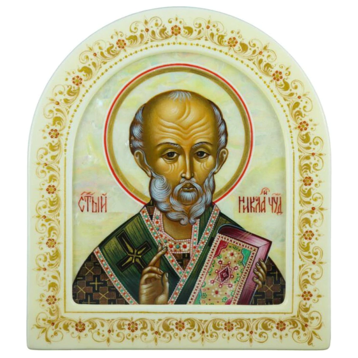 Mother-of-pearl icon "Nicholas the Wonderworker" in a white frame (arch)