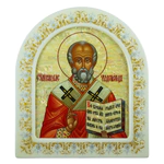 Mother-of-pearl icon "Nicholas the Wonderworker" in a white frame (arch)