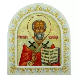 Икона с перламутром "Николай Чудотворец" в белой раме (арка)