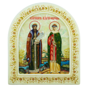 Mother-of-pearl icon "Peter and Fevronia" in a white frame (arch)