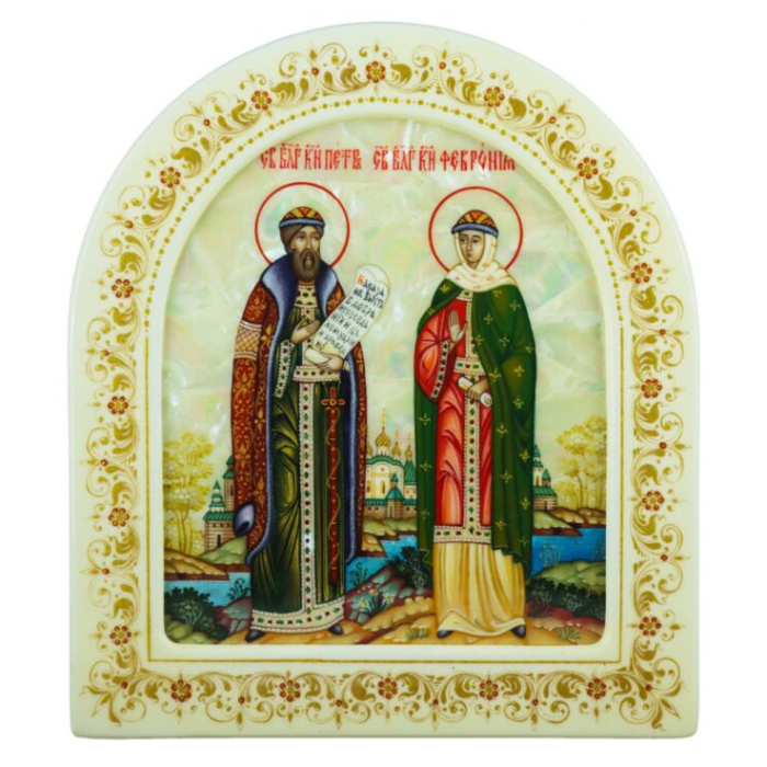 Mother-of-pearl icon "Peter and Fevronia" in a white frame (arch)