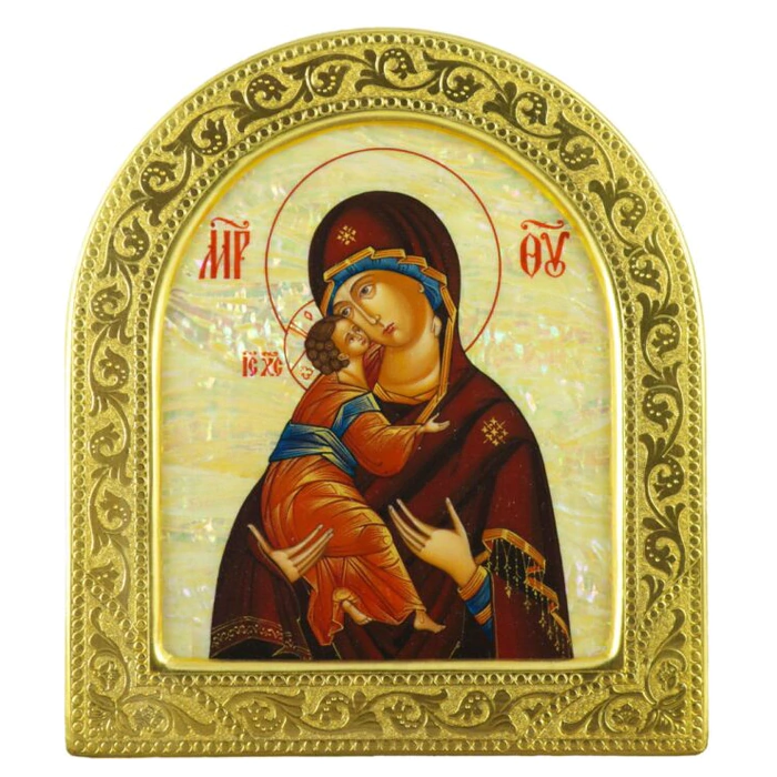 Mother-of-pearl icon "Our Lady of Vladimir" in a golden frame (arch)