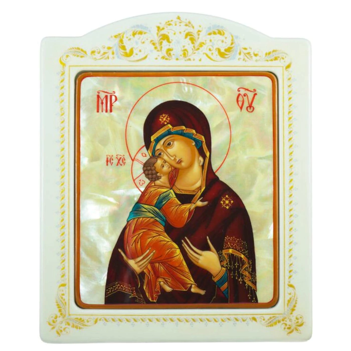 Mother-of-pearl icon "Our Lady of Vladimir" in a frame with an ornament
