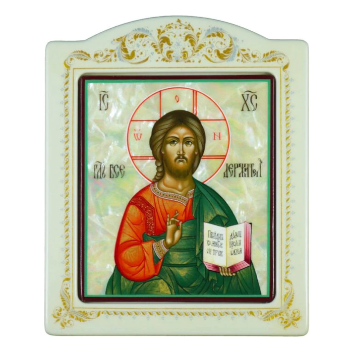 Icon with mother-of-pearl "Savior" in a frame with an ornament