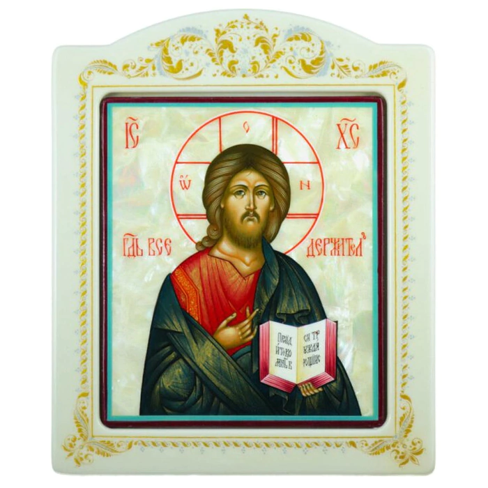 Icon with mother-of-pearl "Savior" in a frame with an ornament