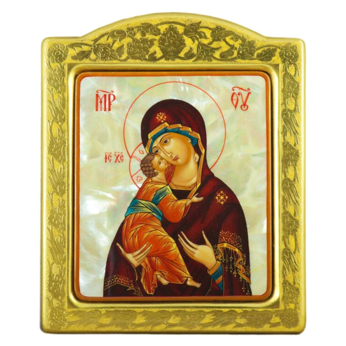 Icon of the Mother of Vladimir with Mother of pearl in a gold frame