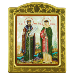Icon "Peter and Fevronia" with mother of pearl in a gold frame