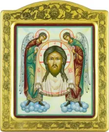 Икона "Спас Нерукотворный" с перламутром в золотой раме Икона "Спас Нерукотворный" с перламутром в золотой раме