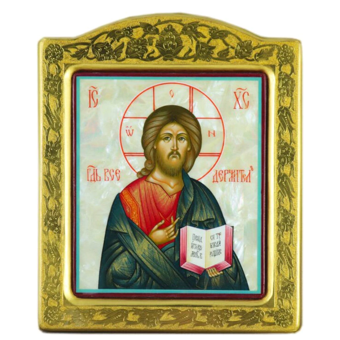 Icon of the Savior with mother of pearl in a gold frame