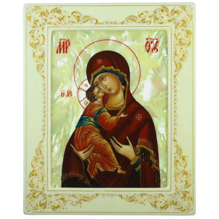 Icon of the Mother of Vladimir with Mother of pearl in a white frame