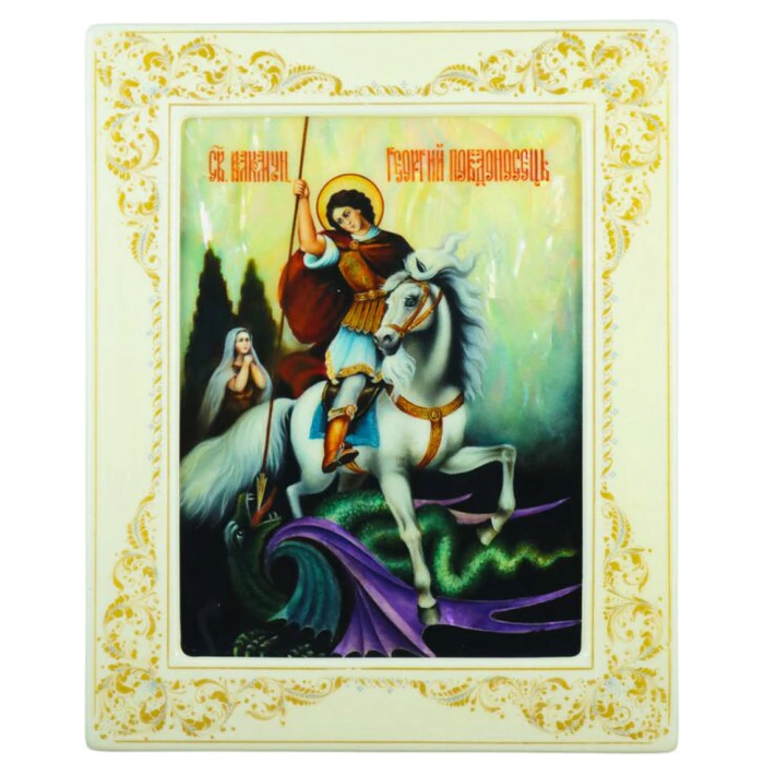 St. George the Victorious icon with mother of pearl in a white frame