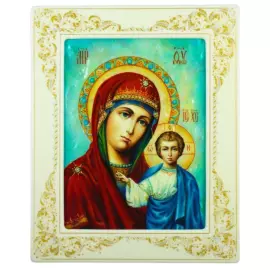 Icon of the Kazan Mother of God with mother of pearl in a white frame