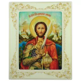 Икона "Икона святой благоверный князь Александр Невский" с перламутром в белой раме