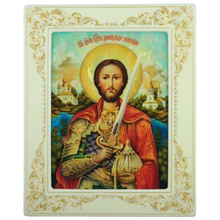 Icon "Icon of the Holy Prince Alexander Nevsky" with mother of pearl in a white frame