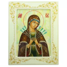 Икона "Семистрельная Богоматерь" с перламутром в белой раме