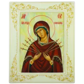 Икона "Семистрельная Богоматерь" с перламутром в белой раме