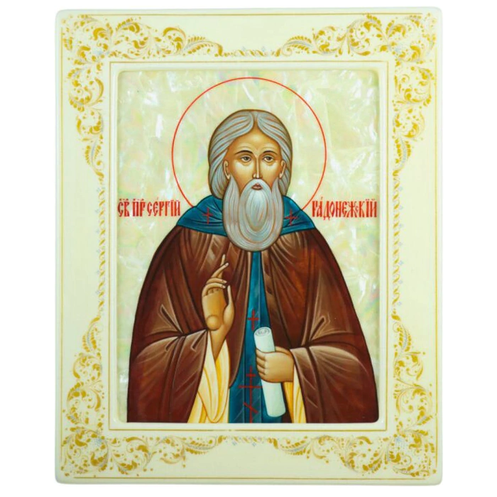Icon "Sergius of Radonezh" with mother of pearl in a white frame