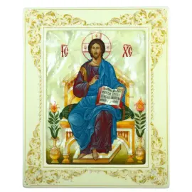 Икона "Спас на престоле" с перламутром в белой раме Икона "Спас на престоле" с перламутром в белой раме