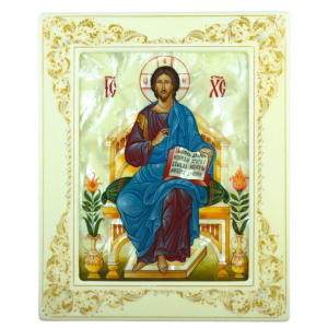 Icon of the Savior on the Throne with mother of pearl in a white frame