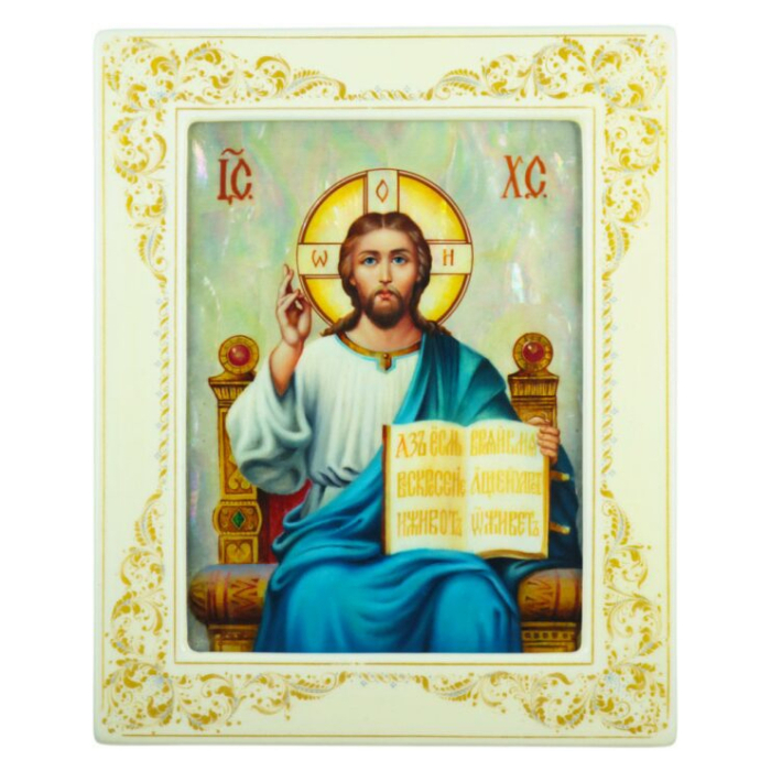 Icon of the Savior on the Throne with mother of pearl in a white frame