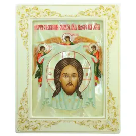 Икона "Спас Нерукотворный" с перламутром в белой раме Икона "Спас Нерукотворный" с перламутром в белой раме