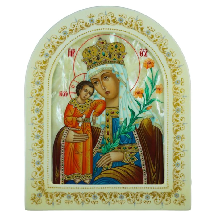 Icon "Our Lady of Unfading Color" with mother of pearl in a white frame (arch)