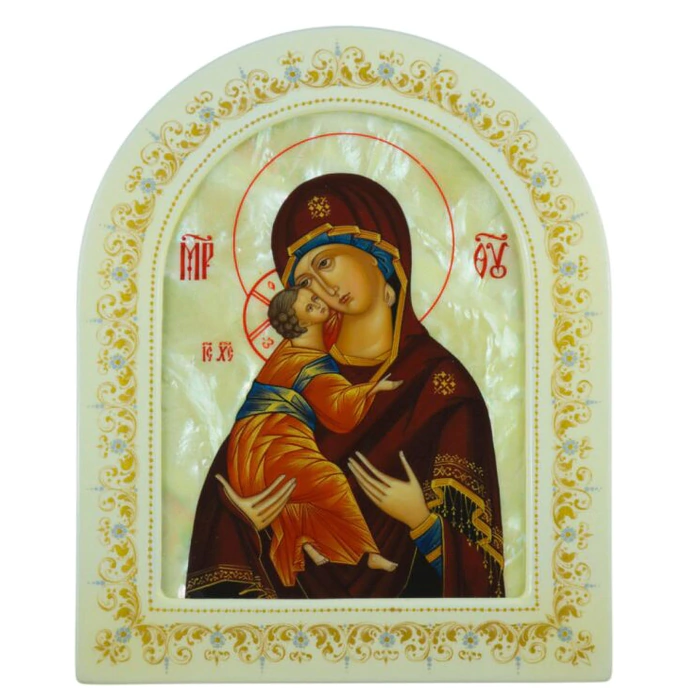 Icon of the Mother of Vladimir with mother of pearl in a white frame (arch)